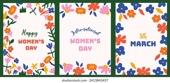 Collection of greeting card or postcard templates with floral borders and Happy Women's Day wish. Modern festive vector illustration for 8 March celebration in abstract floral graphics. 