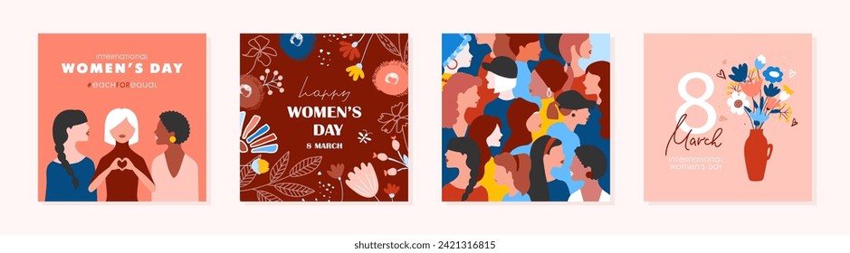 Collection of greeting card or postcard templates with women of different nationalities, flower bouquet in vase and Happy Women's Day wish. Modern festive vector illustration for 8 March celebration.