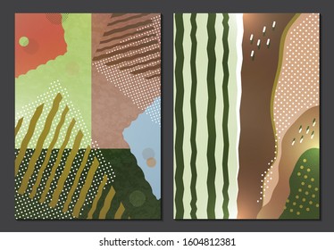 Collection of greeting cards. Abstract geometric composition with decorative wavy shapes, triangles, rectangles, lines and dots. Modern background for your design. Vector illustration