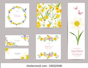 collection of greeting cards with blossom daffodils for your design. seamless texture with spring flowers pattern