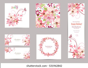 collection of greeting cards with blossom lilies for your design. seamless texture with lovely pink flowers pattern. elegant floral wreath