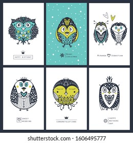 Collection greeting cards with cartoon birds.
