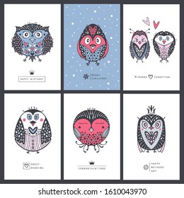 Collection greeting cards with cartoon birds.