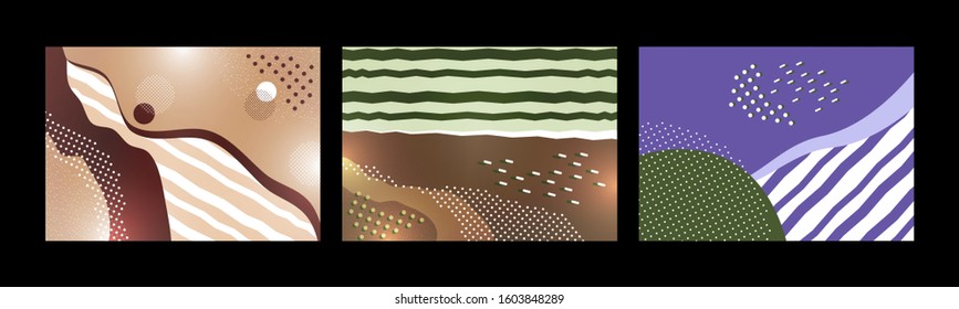 Collection of greeting cards. Creative universal wavy pattern with geometric elements and stripes. Trendy graphic template for banner, poster, card, cover, invitation, brochure. Vector.