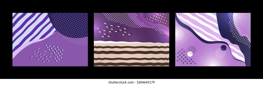 Collection of greeting cards. Creative universal wavy pattern with geometric elements and stripes. Trendy graphic template for banner, poster, card, cover, invitation, brochure. Vector.