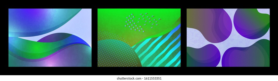 Collection of greeting cards. Creative universal wavy pattern with geometric elements and stripes. Trendy graphic template for banner, poster, card, cover, invitation, brochure. Vector.