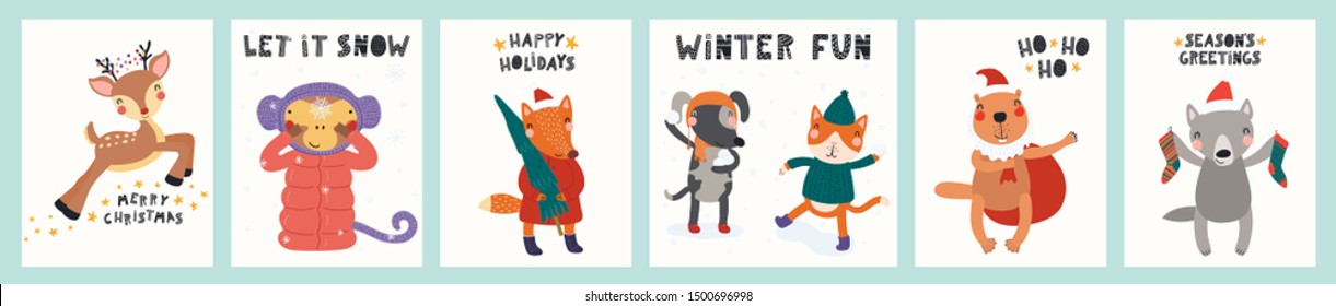 Collection of greeting cards with cute animals doing winter, Christmas activities, tree, gifts, text. Hand drawn vector illustration. Scandinavian style flat design. Concept for children print.