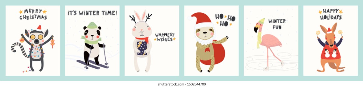 Collection of greeting cards with cute animals doing winter, Christmas activities, sparklers, gifts, text. Hand drawn vector illustration. Scandinavian style flat design. Concept for children print.