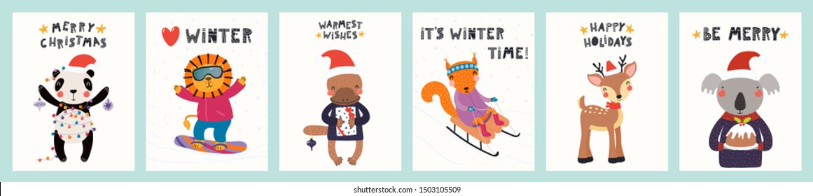 Collection of greeting cards with cute animals doing winter, Christmas activities, gifts, ornaments, text. Hand drawn vector illustration. Scandinavian style flat design. Concept for children print.