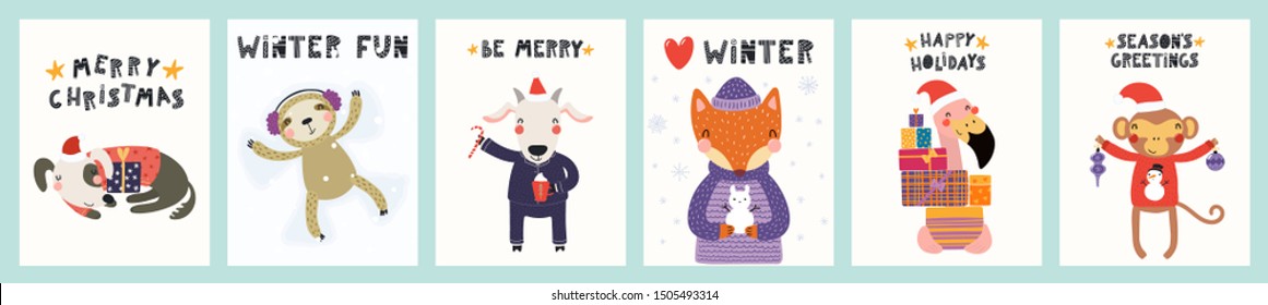 Collection of greeting cards with cute animals doing winter, Christmas activities, gifts, ornaments, text. Hand drawn vector illustration. Scandinavian style flat design. Concept for children print.