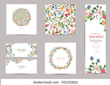 collection of greeting cards with cute flora for and seamless texture your design