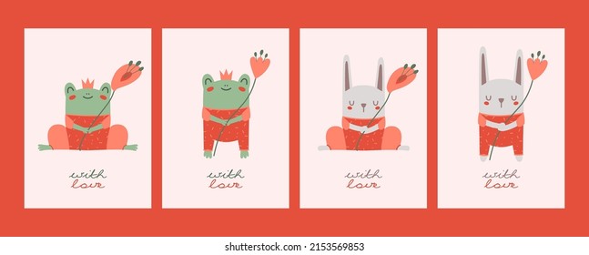 Collection greeting cards with cute illustrations of frog and bunny with flowers, crown and label "with love". Children prints in flat style for greeting postcard, banner, invitation. Vector isolated