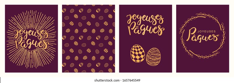 Collection of greeting cards with eggs, branches, sunburst, French text Joyeuses Paques, Happy Easter. Gold on purple background. Flat style design. Concept for holiday print, invite, gift tag, banner