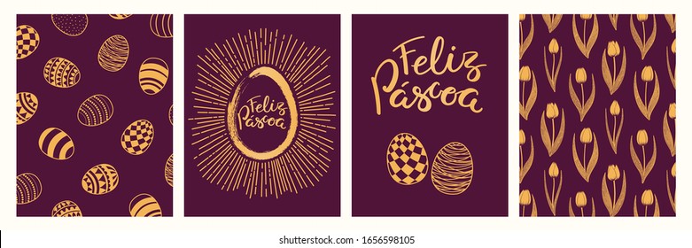 Collection of greeting cards with eggs, flowers, sunburst, Portuguese text Feliz Pascoa, Happy Easter. Gold on purple background. Flat style design. Concept for holiday print, invite, gift tag, banner