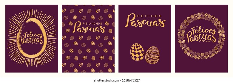 Collection of greeting cards with eggs, sunburst, Spanish text Felices Pascuas, Happy Easter. Gold on purple background. Flat style design. Concept for holiday print, invite, gift tag, banner.