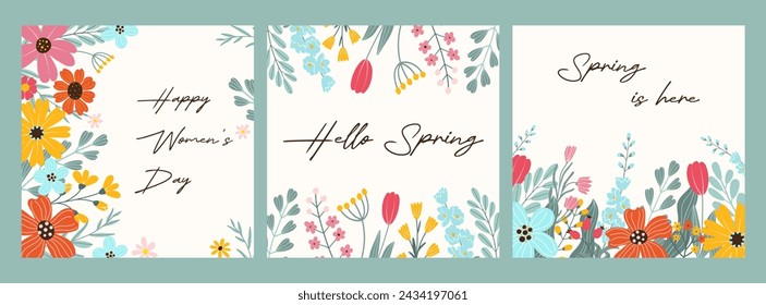 Collection greeting cards in flat style for spring or summer design on white background. Happy Women's Day. Abstract hand drawn flowers, herbs and handwritten text for poster, banner, social media.