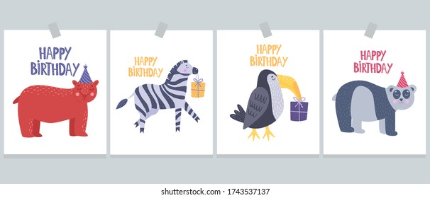 Collection of greeting cards with funny animals on a white background. Happy Birthday. Vector illustration in cartoon style.