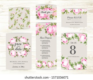 Collection of greeting cards. Invitation card with spring rose background. Set of Floral vertical template with garden blooming flowers.