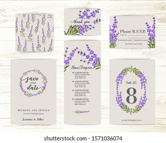 Collection of greeting cards. Invitation card with lavender flowers. Set of Floral vertical template with garden blooming flowers.