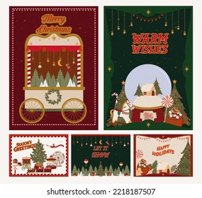 Collection of greeting cards for Merry Christmas with fairs and holidays elements. Seasons Greetings postcard. Editable vector illustration.