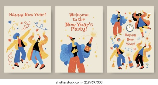 Collection of greeting cards for the New Year with cheerful dancing people. New Year party flyers with funny characters, sparkling wine and confetti in flat style