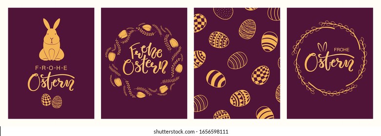 Colección de tarjetas de felicitación con conejos, huevos, flores, texto alemán Frohe Ostern, Feliz Pascua. Oro sobre fondo morado. Diseño de estilo plano. Concepto de impresión de vacaciones, invitación, etiqueta de regalo, banner.