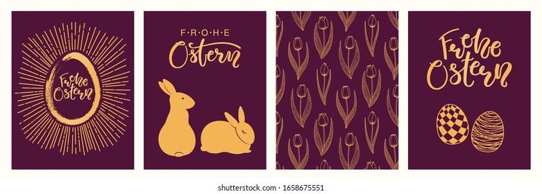 Collection of greeting cards with rabbits, eggs, flowers, sunburst, German text Frohe Ostern, Happy Easter. Gold on purple background. Flat style design. Concept for holiday print, invite, gift tag.