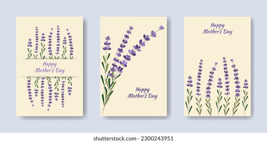 Collection of Greeting cards. Set of templates with lavender flowers in one line style. Minimalistic backgrounds with lavender branches