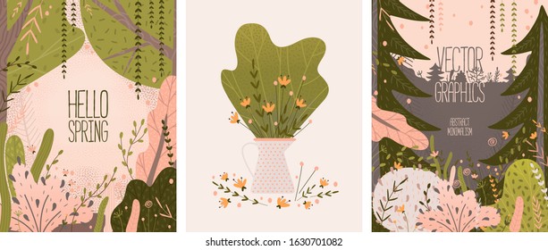 Collection of greeting cards spring and summer, a vase of flowers. invitation, flyer, template. fairy forest, vector graphics