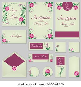 Collection Greeting cards with stylized burgundy roses, can be used as invitation card for wedding, birthday and other holiday and summer background.Slavic folk style. Floral template collection.
