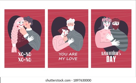 
Collection of greeting cards for valentine's day with couples in love. Vector illustration on a red background.