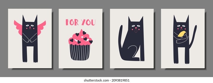 Collection of greeting cards. Valentine's Day. Lovely cats. Vector illustration.