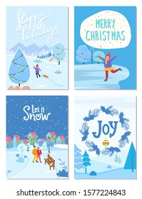 Collection of greeting cards for winter holidays congratulation. People celebrating xmas in city. Kid with sleds pulling sleigh. Figure skating child on ice rink. Wreath with pine and mistletoe vector
