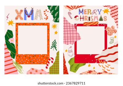 Collection of greeting Christmas photo collage. Holidays greeting card. Editable vector illustration.