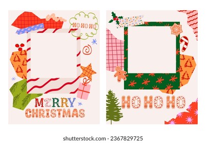 Collection of greeting Christmas photo collage. Holidays greeting card. Editable vector illustration.