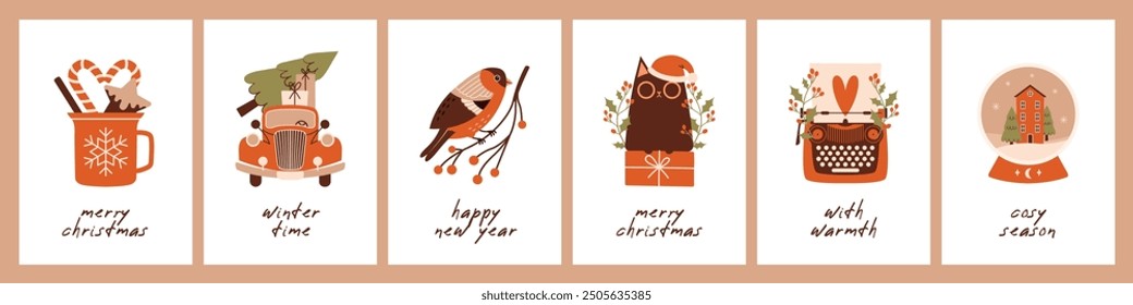 Collection of greeting cosy cards for winter holidays. Happy New Year. Merry Christmas. Vintage red car is carrying a Christmas tree. Bullfinch sitting on branch with berries. Snow glass ball.