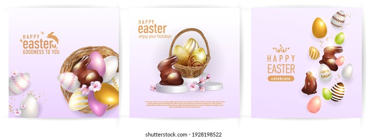 A collection of greeting Easter banners or headlines with Easter eggs and decorations in the form of a chocolate rabbit, chicken, spring flowers, baskets on a pink background. Vector illustration.