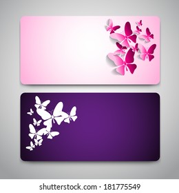 Collection of greeting gift card with paper butterflies - pink/velvet color - vector