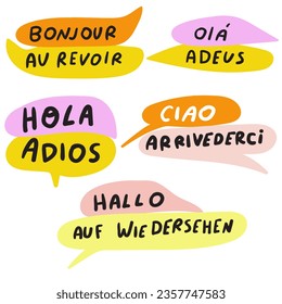 Collection of greetings in different languages. German, Portuguese, Spanish, Italian, French. It's mean hello and goodbye in English. Vector graphic design on white background.