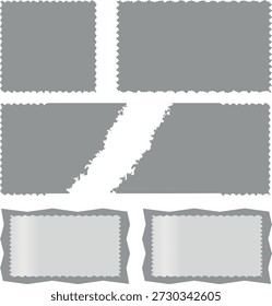 Collection of grey blank ripped and perforated paper frames and torn paper elements