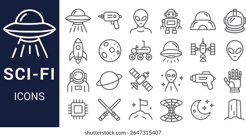 A collection of grey line art sci fi icons depicting spaceships, aliens, robots, and space exploration equipment against a white background.