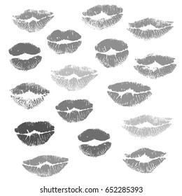 Collection grey print of lips, isolated on white background. Vector illustration