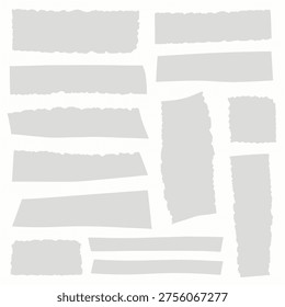 Collection of grey torn paper strips in various shapes and sizes on a white background for use in design projects and creative layouts