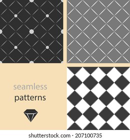 A collection of grey vintage seamless patterns with circles and embroidered with diamonds