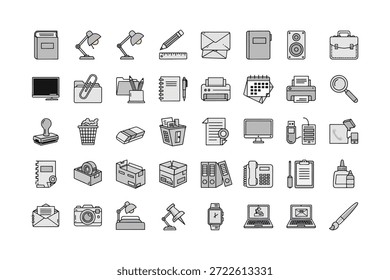 Sammlung von grauen und weißen Symbolen mit Bürogeräten wie Lampen, Notebooks und Druckern.