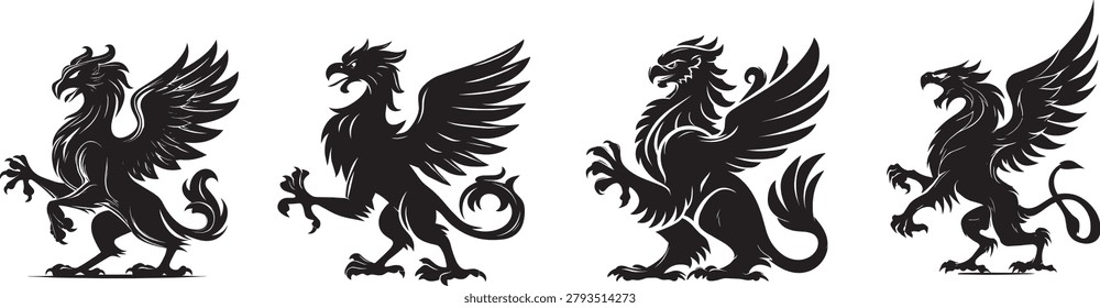 Collection of griffin heraldic creature silhouettes featuring majestic winged beast emblems with eagle heads and lion bodies in vintage vector style