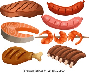 Collection of grilled food vector icons on transparent background. BBQ food: beef, steak, shrimps, chicken, fried bratwurst, ribs