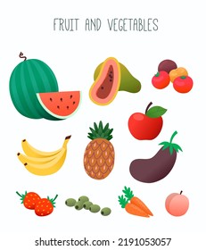 Collection of grocery goods fruit and vegetables commonly sold at a supermarket. Images for labels for organic foods department or online store, media and web. Isolated vector image.