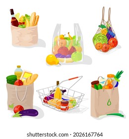 Collection of grocery purchases in eco bags, supermarket packages. Vector ingredients for week, vegetables and fruits, food packs, organic food design. Isolated on white background