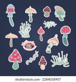 Collection of groove mushroom psychedelic stickers. Retro design of hipster icons Doodle style graphic. Vintage trippy cartoon 60 70 80 90 trendy vector illustration Color symbols on black background.